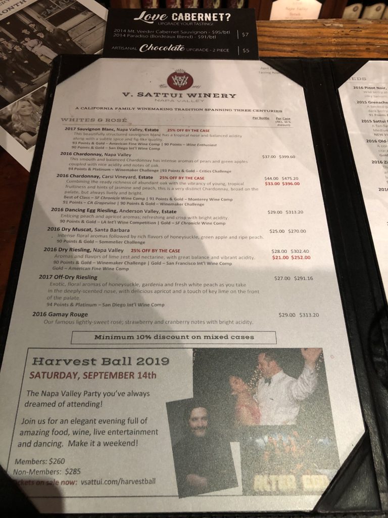 V.Sattui Wineryテイスティングメニュー