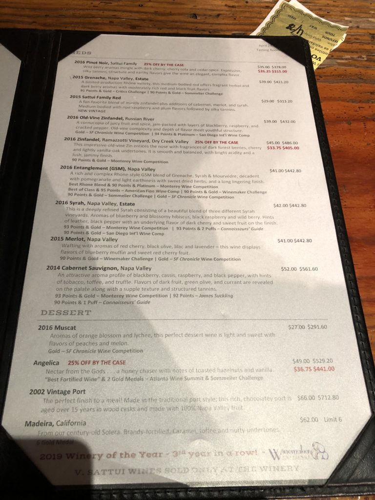 V.Sattui Wineryテイスティングメニュー