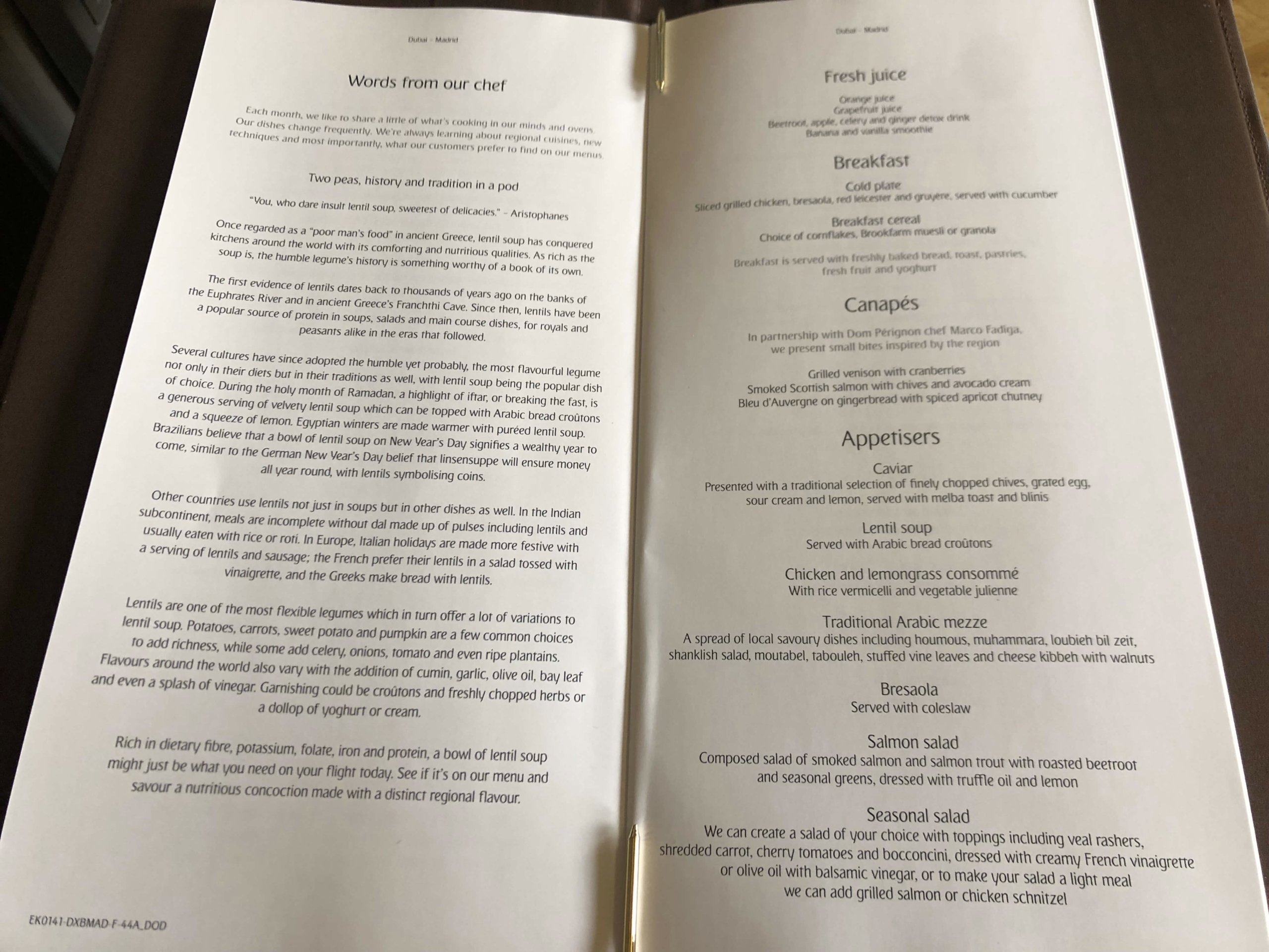 エミレーツ航空・ファーストクラスメニュー