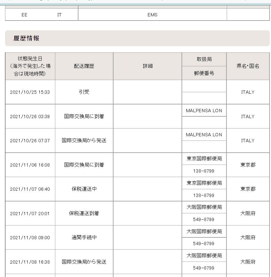 イタリアから送ったEMSの追跡画面